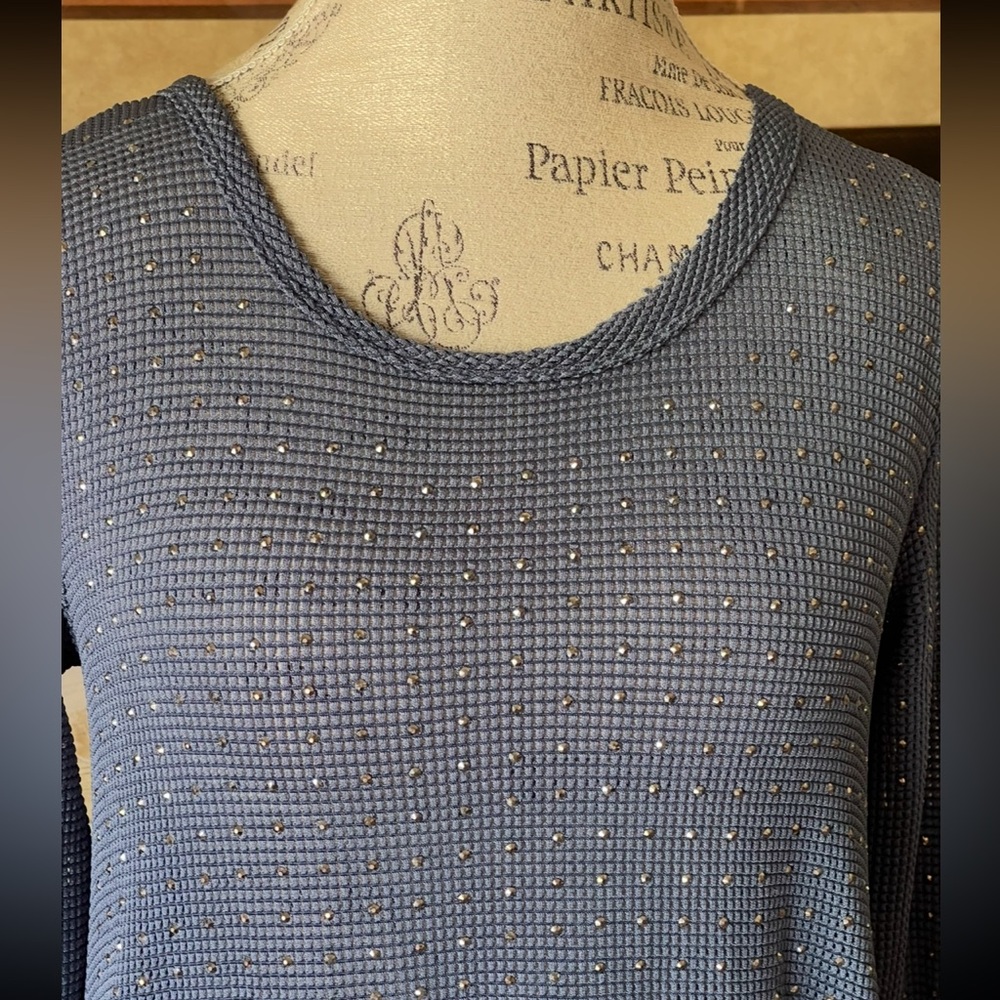 VOCAL Semi-Sheer High/Low Faceted Silvery Adornments on Denim Color Fabric Top S - Picture 2 of 7